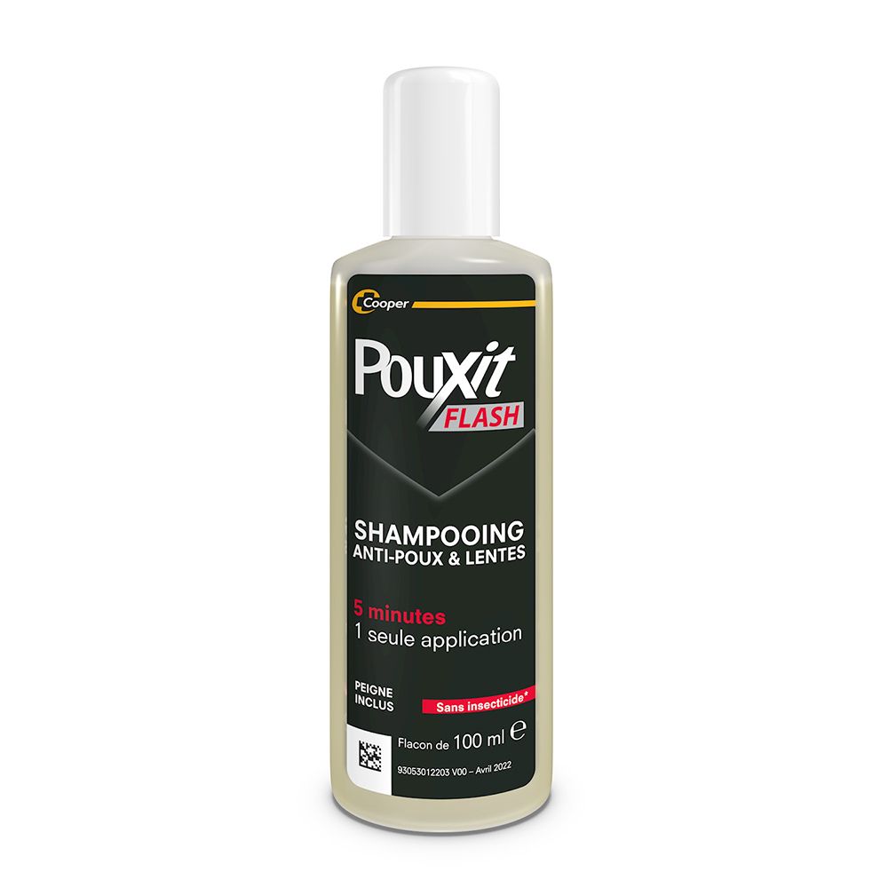 Fles Pouxit Flash Shampooing. Witte dop, transparante fles. Productinfo op etiket.