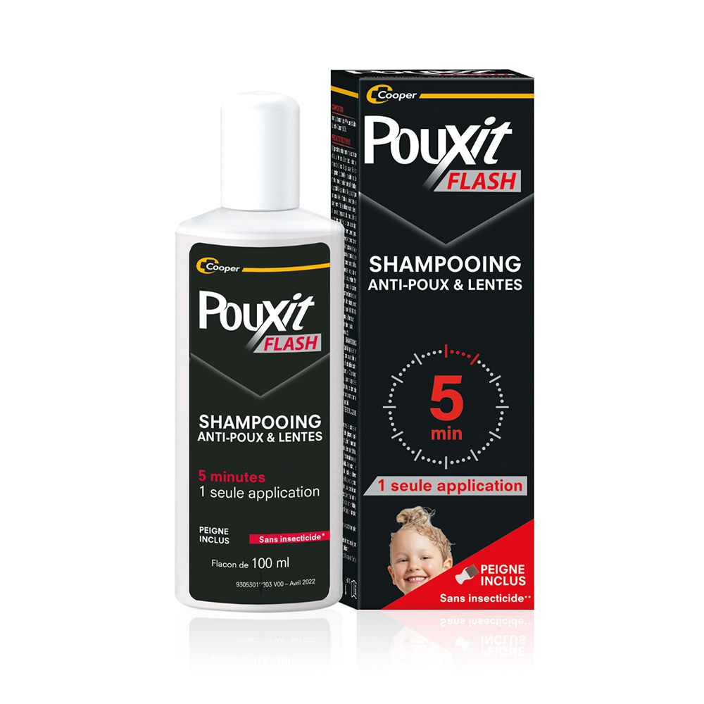 Fles en doos Pouxit Flash Shampooing. Zwarte verpakking met productinfo en een kind.