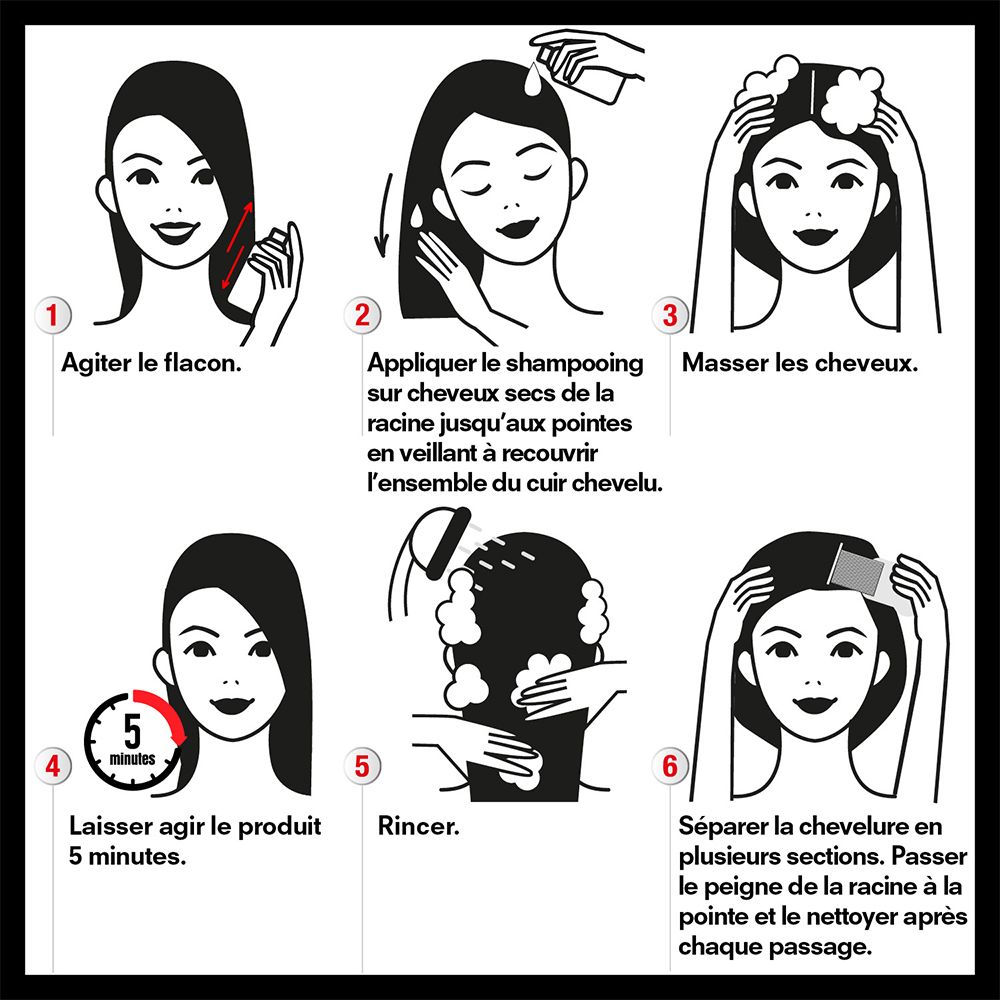 Pouxit Flash Shampooing. Tekst: Snelle werking tegen luizen. 5 minuten. Doodt luizen en neten in 5 minuten.