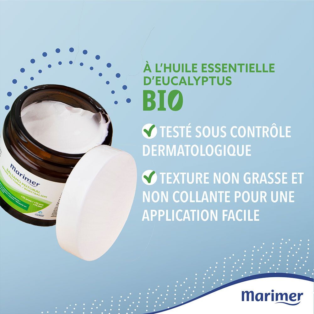 Open pot Marimer Nature Baume Pectoral Adultes Bio. Deksel ernaast. Tekst: BIO, getest onder dermatologische controle.