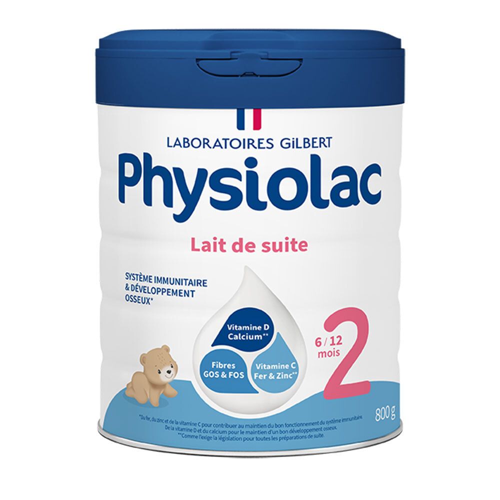Physiolac Lait de Suite 2ème Âge 6/12 mois. Boîte avec couvercle. Contient vitamine D, calcium, GOS & FOS, fer et zinc. Dose 2.