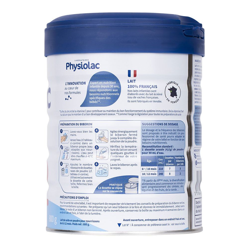Dos de la boîte Physiolac Lait de Suite. Drapeau français. Instructions de préparation. Recommandations de dosage. Lait 100% français.