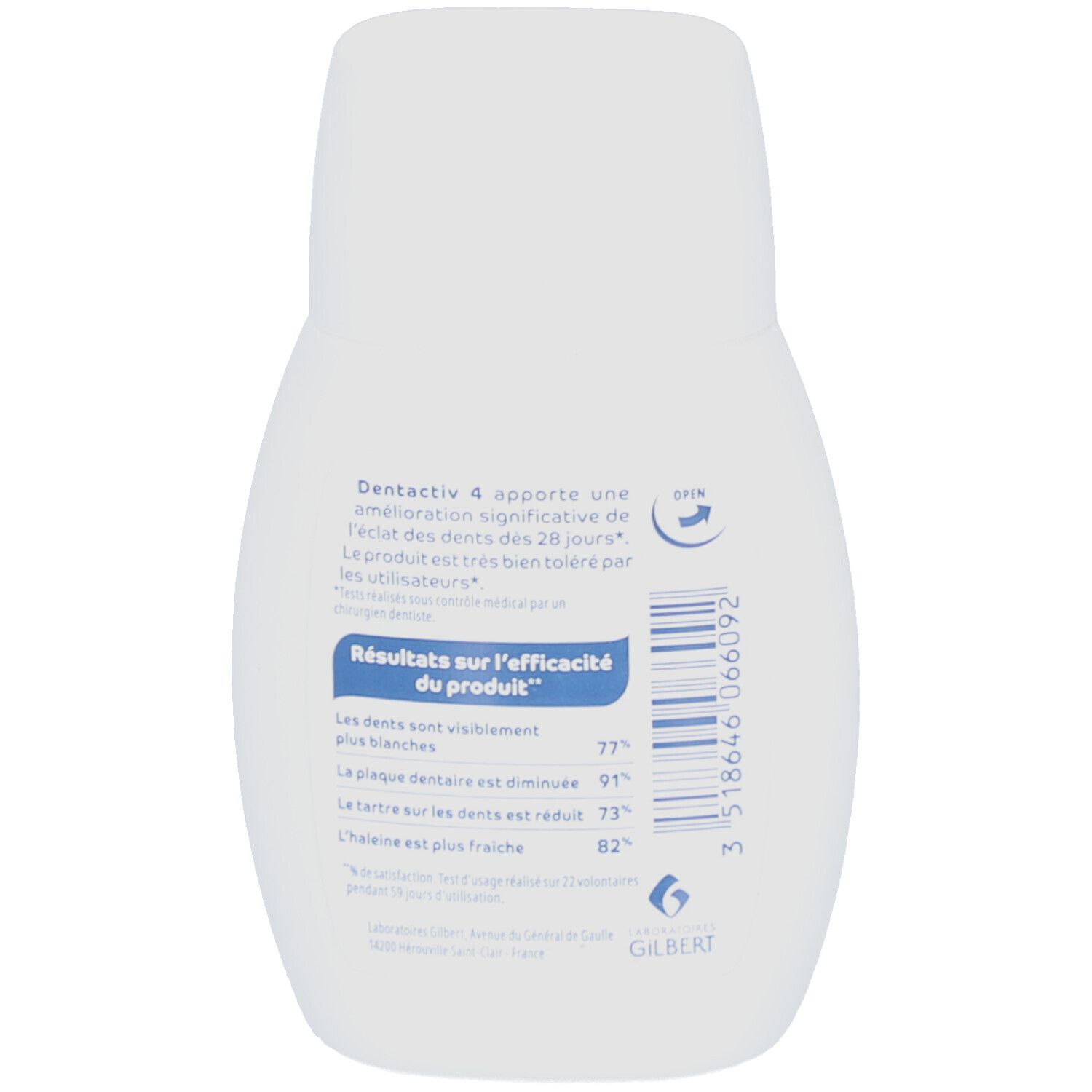 Dos du flacon de poudre dentaire. Texte bleu: Dentactiv 4, Résultats sur l'efficacité du produit.