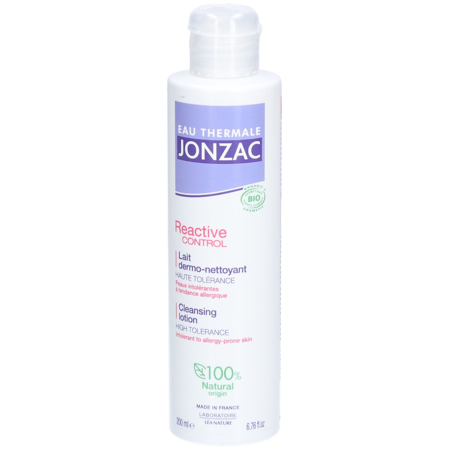 Witte fles met paars etiket. Opschrift: JONZAC, Reactive Control, Lait dermo-nettoyant, Cleansing lotion. Bio-zegel.