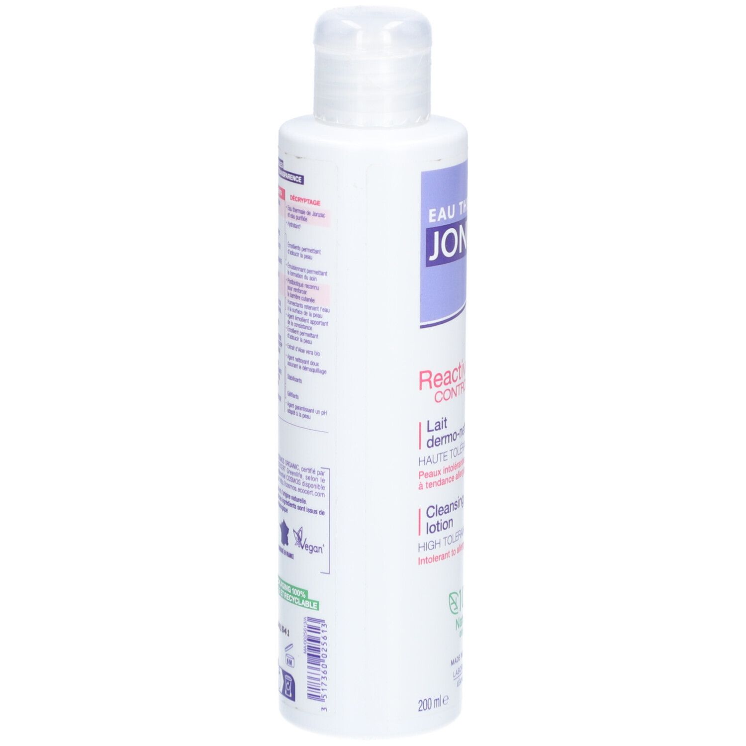 Witte fles, zijaanzicht. Opschrift: JONZAC, Reactive Control, Lait dermo-nettoyant, Cleansing lotion. Tekst en logo's.
