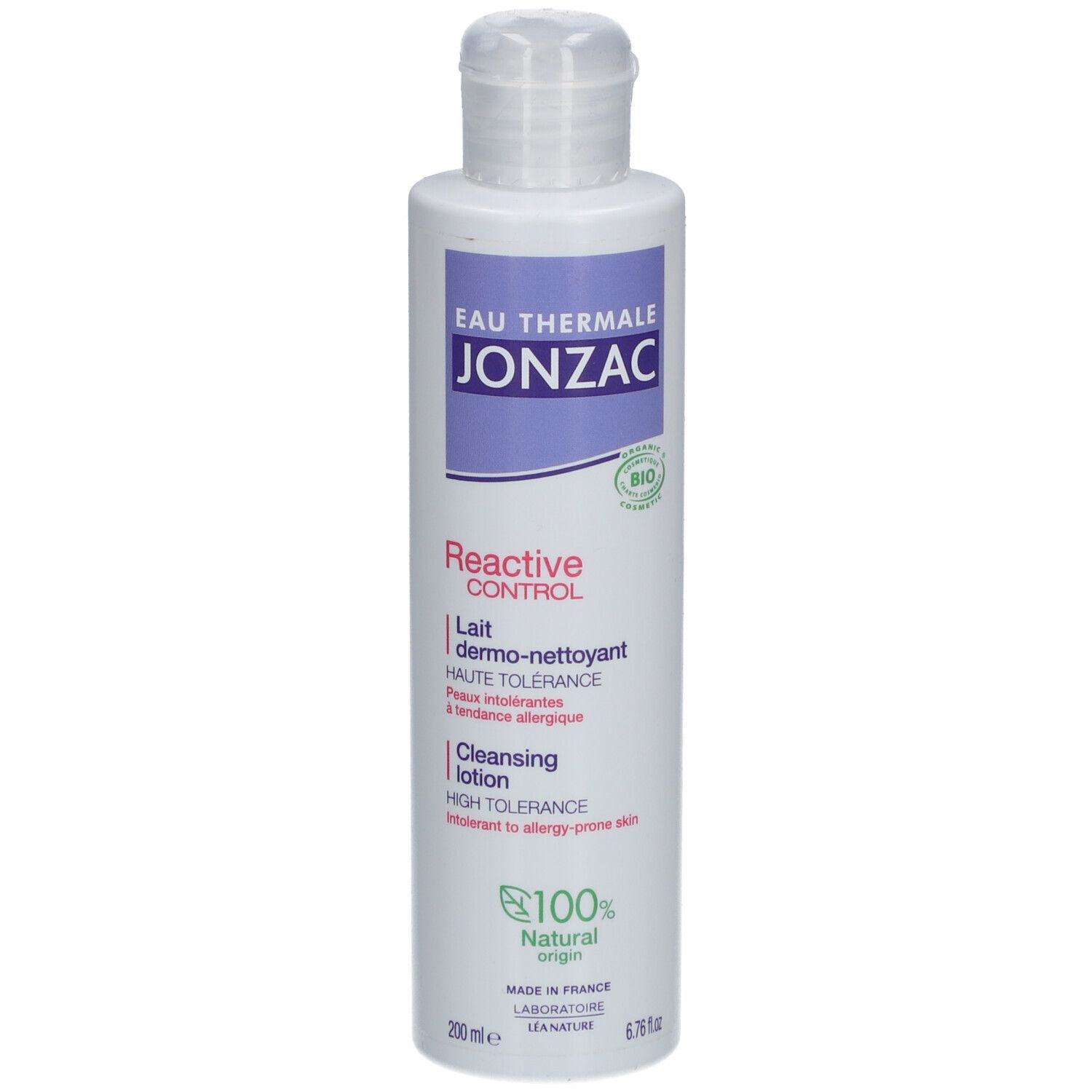 Witte fles met paars etiket. Opschrift: JONZAC, Reactive Control, Lait dermo-nettoyant, Cleansing lotion. Bio-zegel.