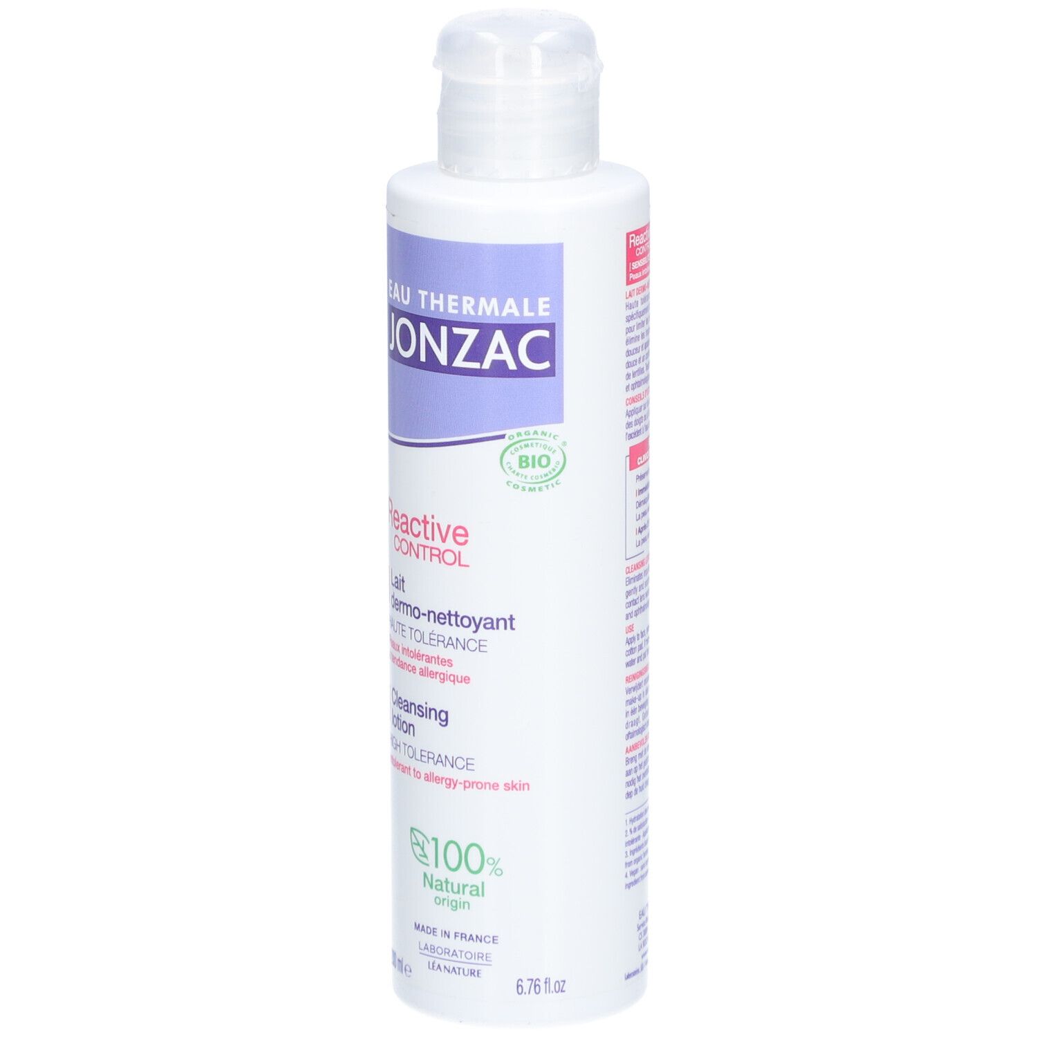 Witte fles met paars etiket. Opschrift: JONZAC, Reactive Control, Lait dermo-nettoyant, Cleansing lotion. Bio-zegel.