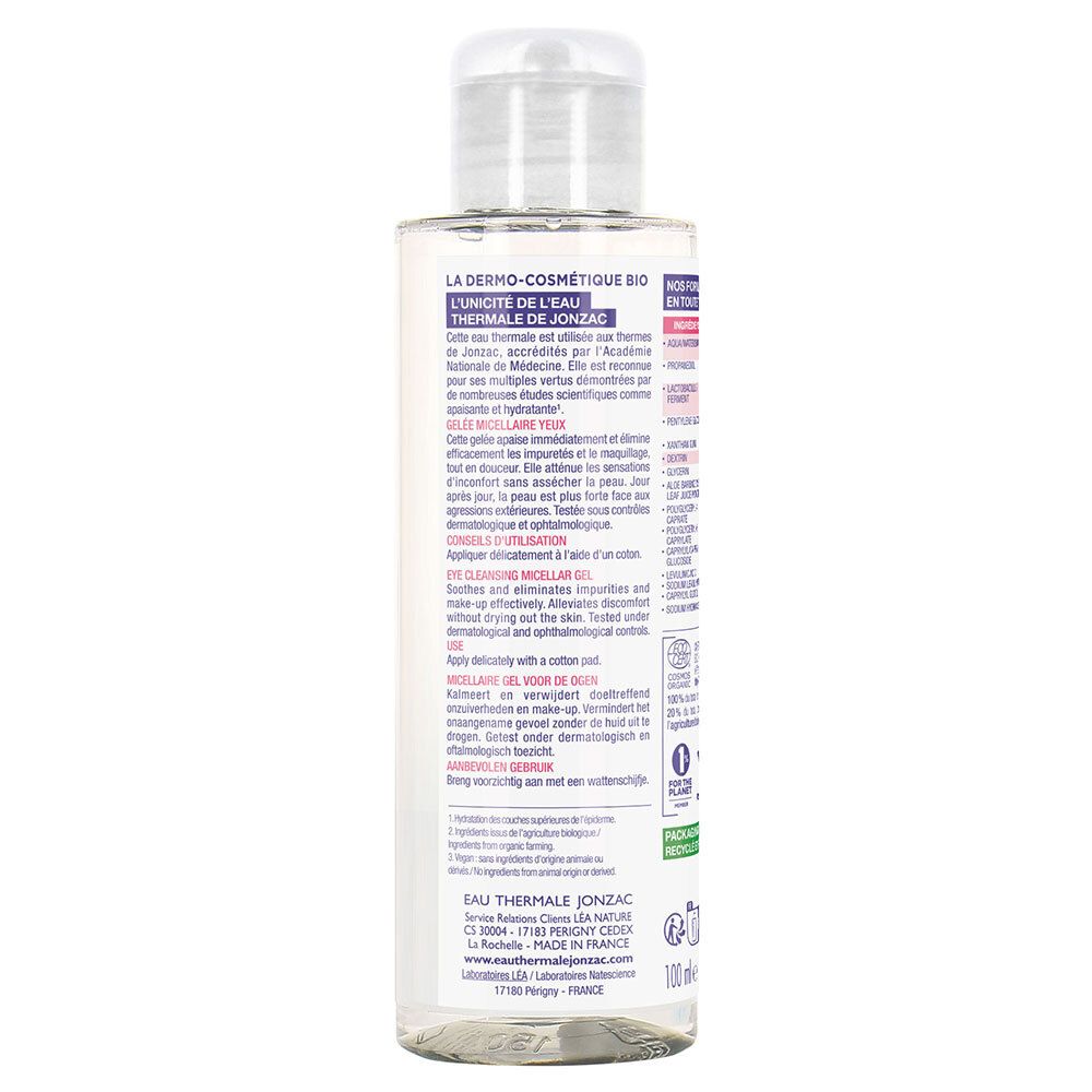 Achterkant Jonzac Gel Micellaire Démaquillant Yeux Bio fles. Tekstinformatie, ingrediënten, certificeringen.