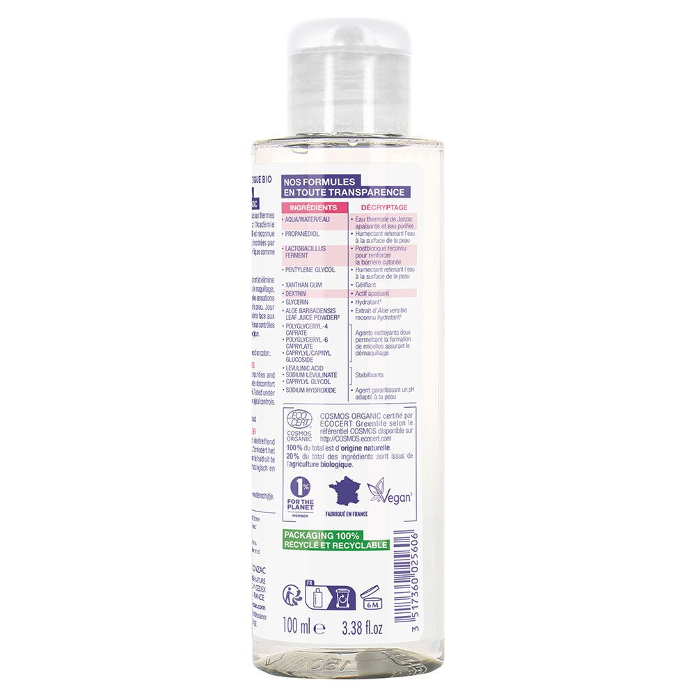 Achterkant Jonzac Gel Micellaire Démaquillant Yeux Bio fles. Ingrediënten, certificeringen, recyclinglogo.