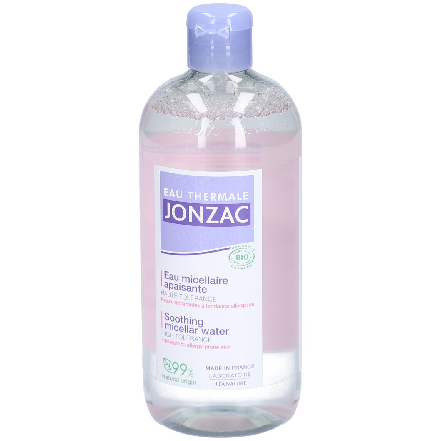 Transparante fles met blauwe dop. Etiket met productnaam en bio-label. Franse en Engelse teksten.