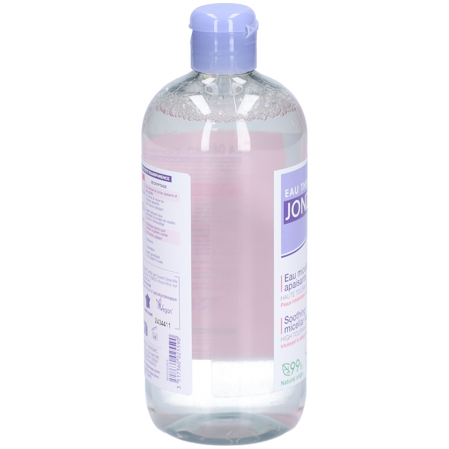 Fles, licht schuin. Etiket met productinformatie. Bio-label. Franse en Engelse teksten.