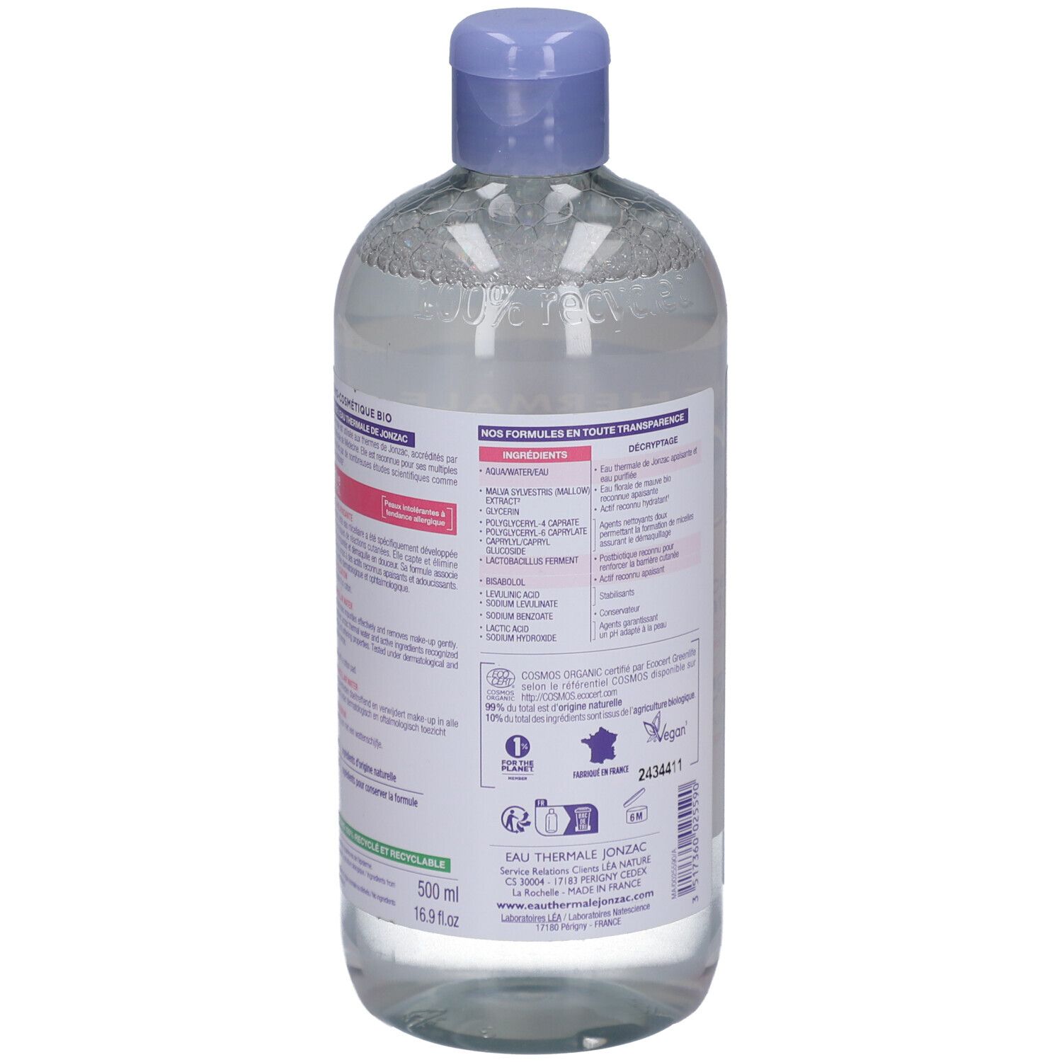 Achterkant van de fles. Tekstinformatie, ingrediënten en certificeringen. 500 ml. Veganistisch.