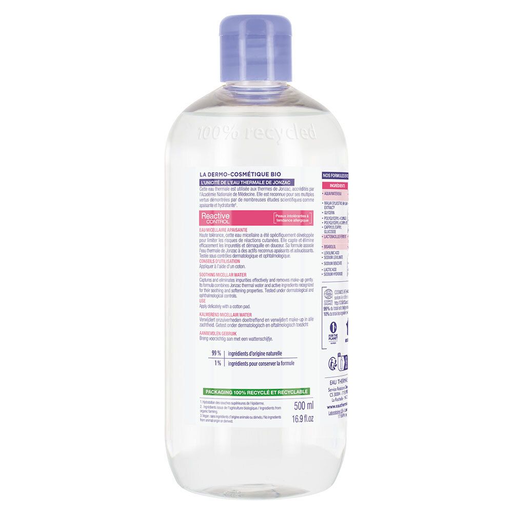 Achterkant van de fles. Tekstinformatie, ingrediënten en certificeringen. 500 ml. Recyclebaar.