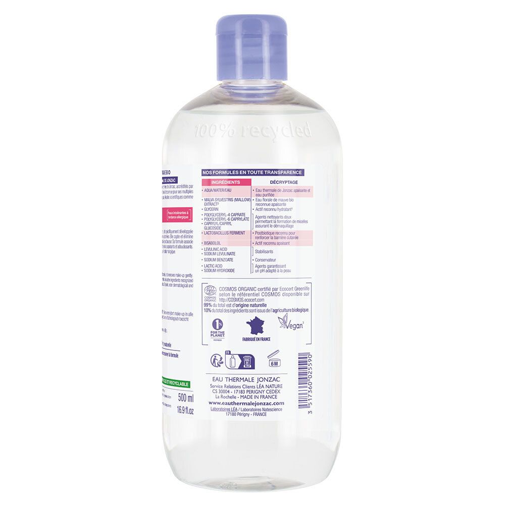 Achterkant van de fles. Tekstinformatie, ingrediënten en certificeringen. 500 ml. Veganistisch.