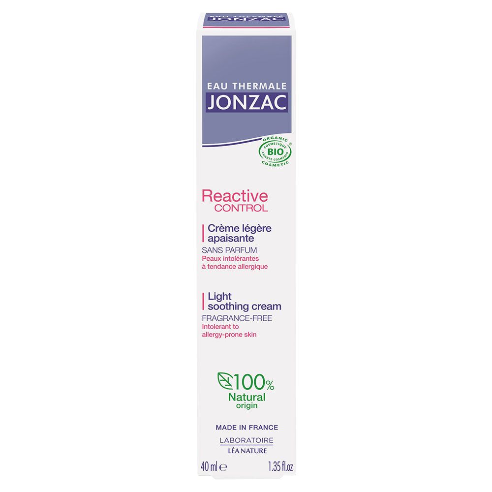 Doos Jonzac. Reactive Control, Crème légère apaisante. 100% natuurlijke oorsprong. Bio-certificering.