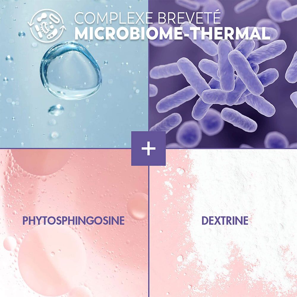 Vier afbeeldingen: waterbel, bacteriën, fytosfingosine en dextrine. Tekst: Complexe breveté Microbiome-Thermal.
