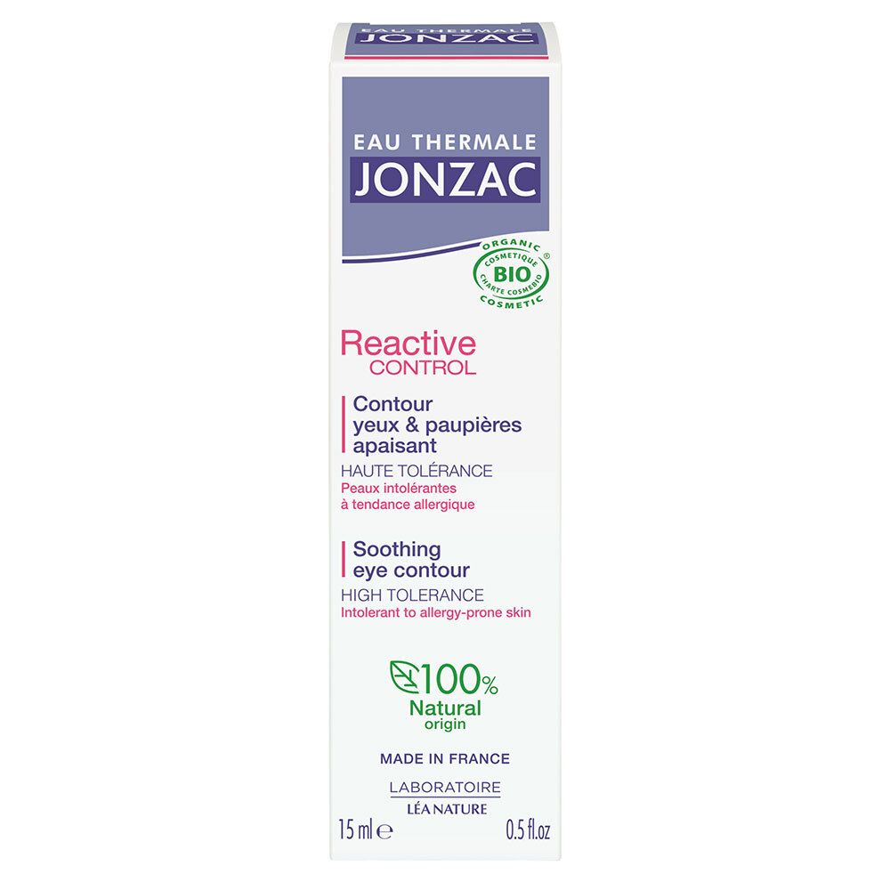 Jonzac oogverzorging verpakking. Wit, paars en groen. Tekst: Reactive Control, 100% Natural origin, 15ml.