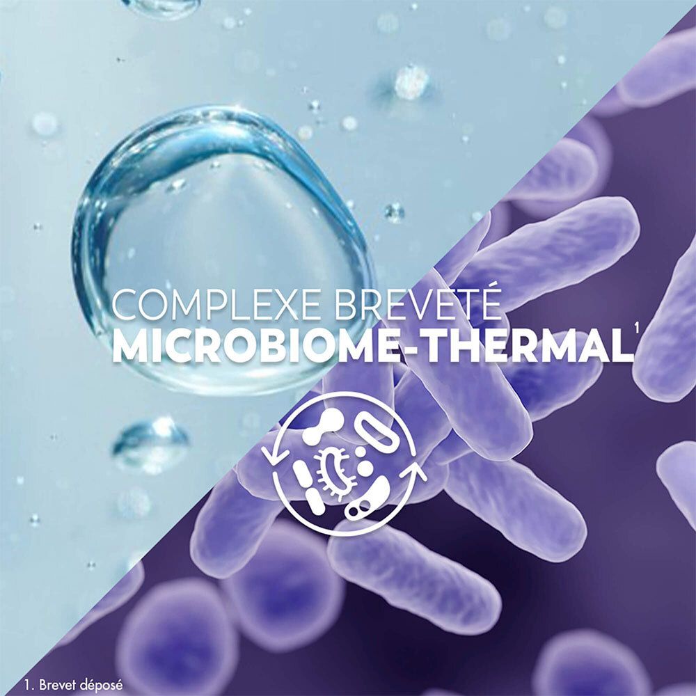 Graphique avec bulle d'eau et bactéries. Texte : Complexe breveté Microbiome-Thermal. 1. Brevet déposé.
