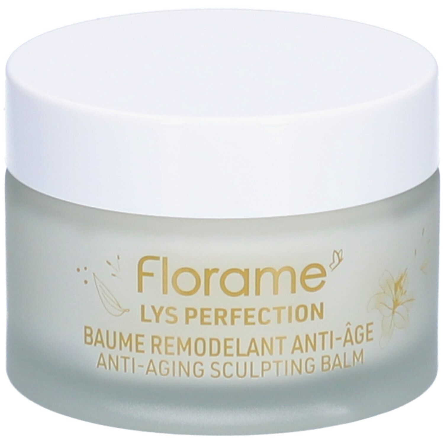 Crèmepot met witte deksel. Opschrift: Florame, LYS PERFECTION, Baume Remodelant Anti-Âge, Anti-Aging Sculpting Balm.