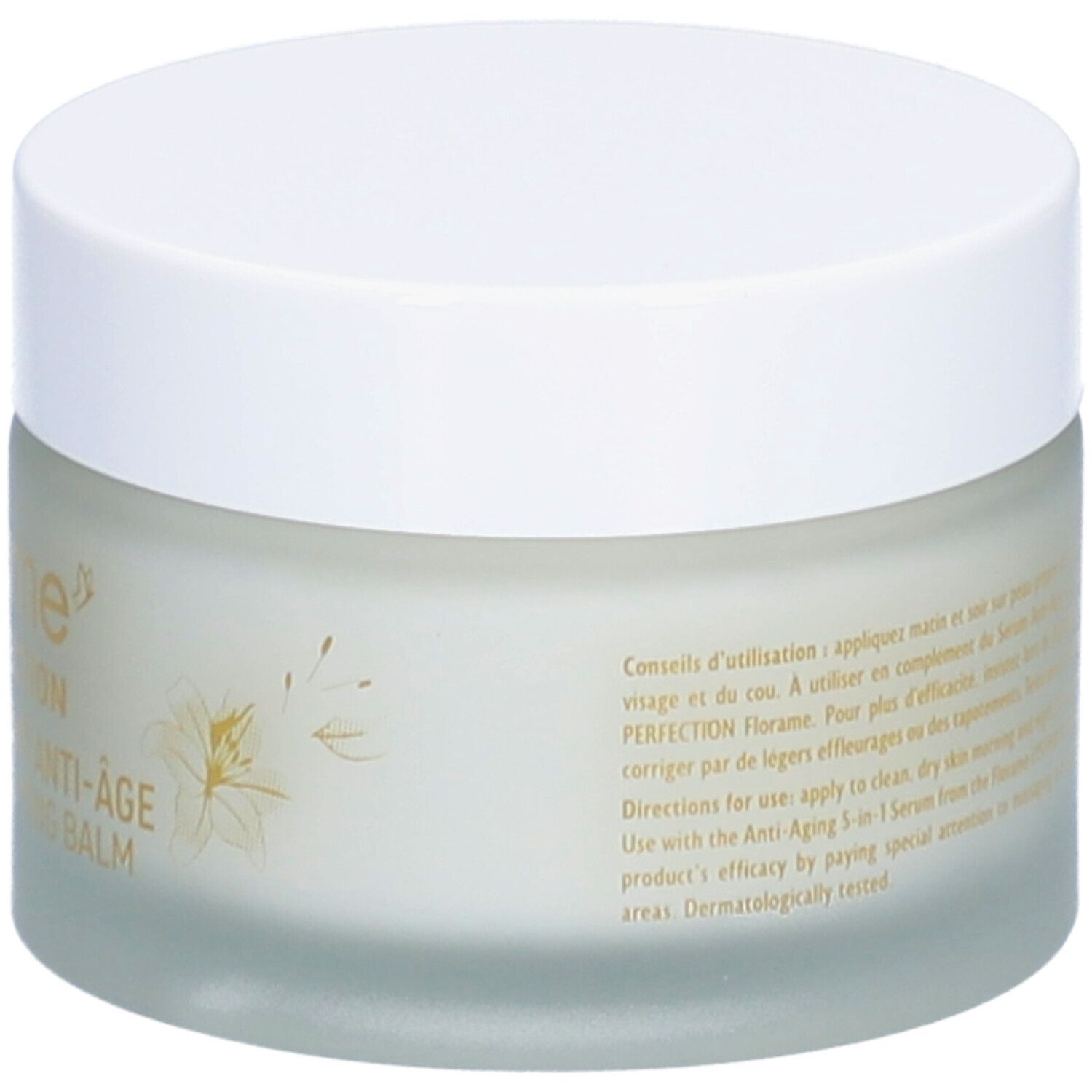Crèmepot met witte deksel. Opschrift: Florame, LYS PERFECTION, Anti-Âge, Anti-Aging Balm. Tekst over gebruik.
