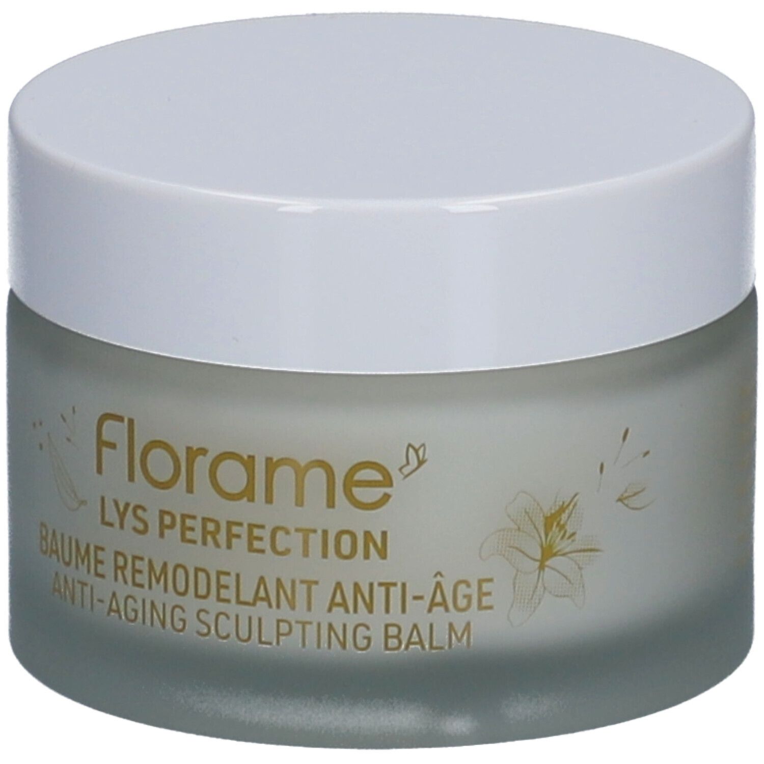 Crèmepot met witte deksel. Opschrift: Florame, LYS PERFECTION, Baume Remodelant Anti-Âge, Anti-Aging Sculpting Balm.