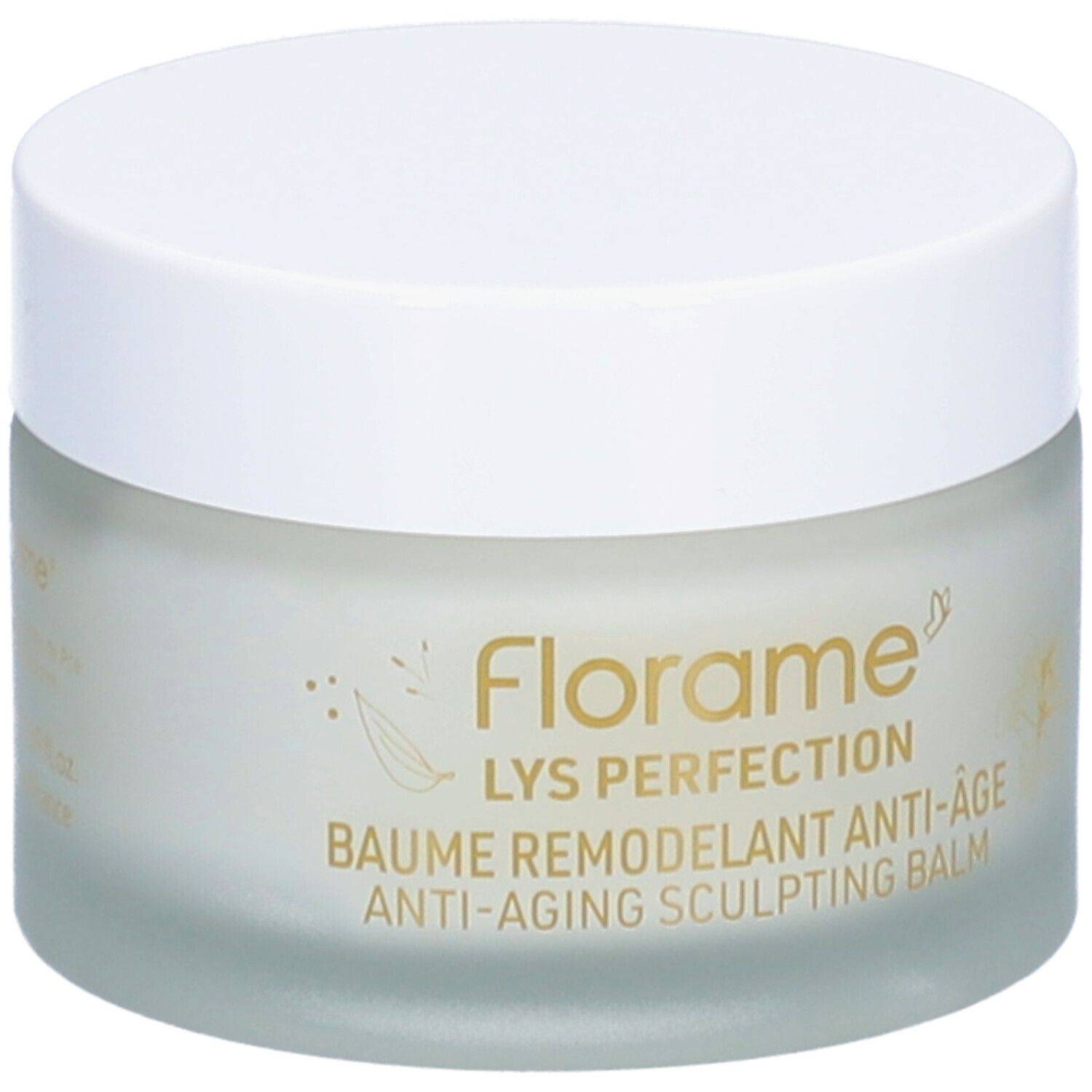 Crèmepot met witte deksel. Opschrift: Florame, LYS PERFECTION, Baume Remodelant Anti-Âge, Anti-Aging Sculpting Balm.