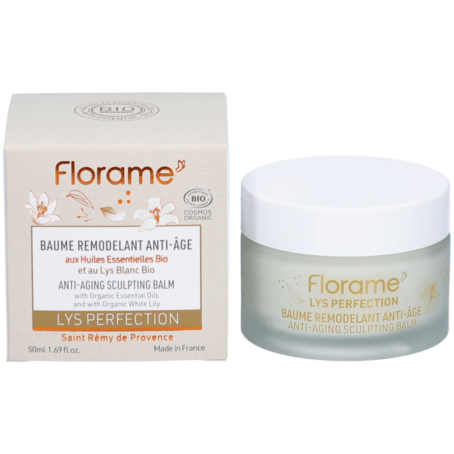 Crèmepot en doos. Opschrift: Florame, Baume Remodelant Anti-Âge, Anti-Aging Sculpting Balm. Bio-certificering.