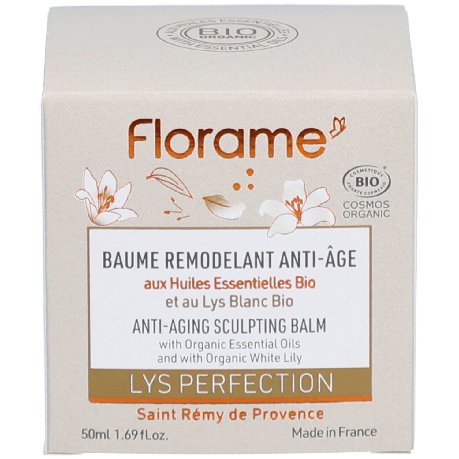Doos met opschrift: Florame, Baume Remodelant Anti-Âge, Anti-Aging Sculpting Balm. Bio-certificering, 50ml.