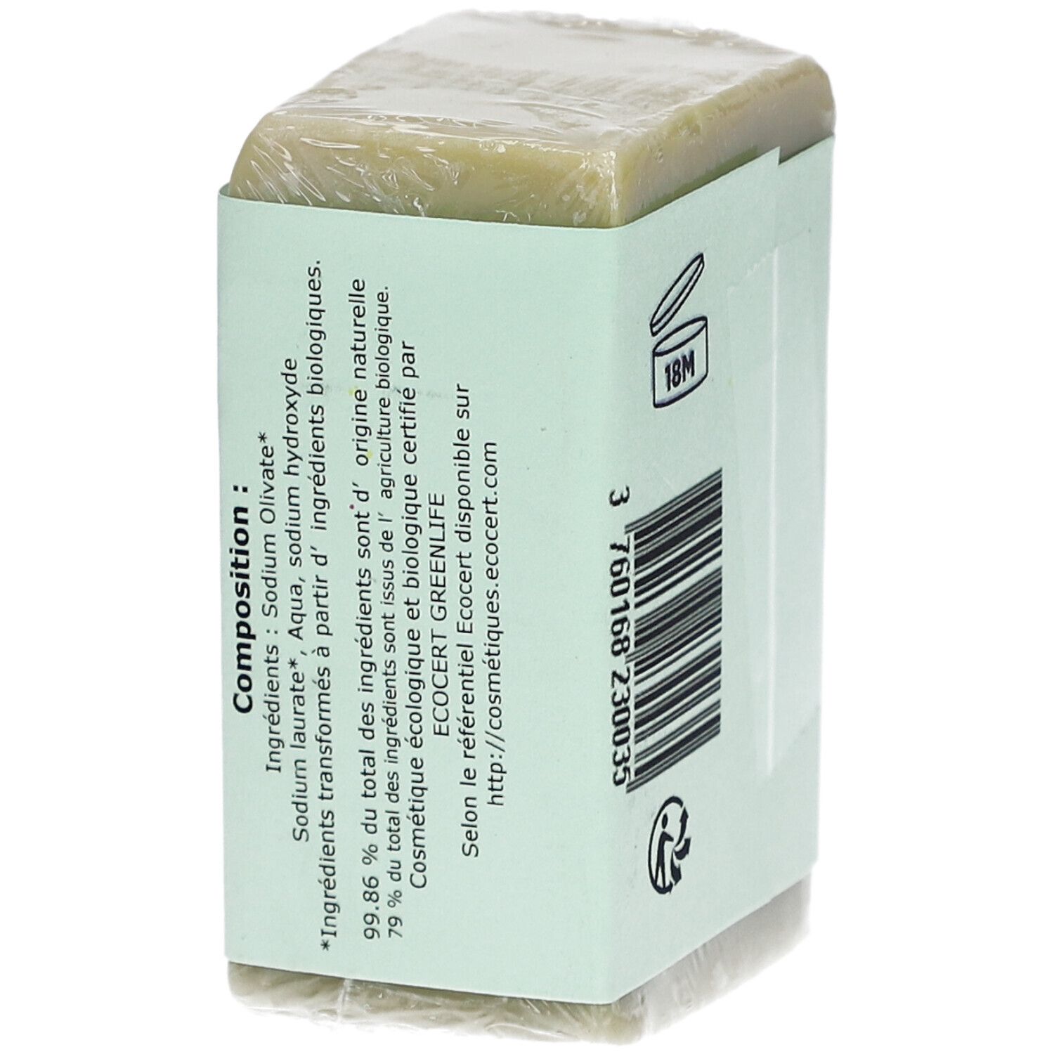 Verpakte zeep met label. Ingrediënten, bio-certificering en fabrikantinfo. Achteraanzicht.