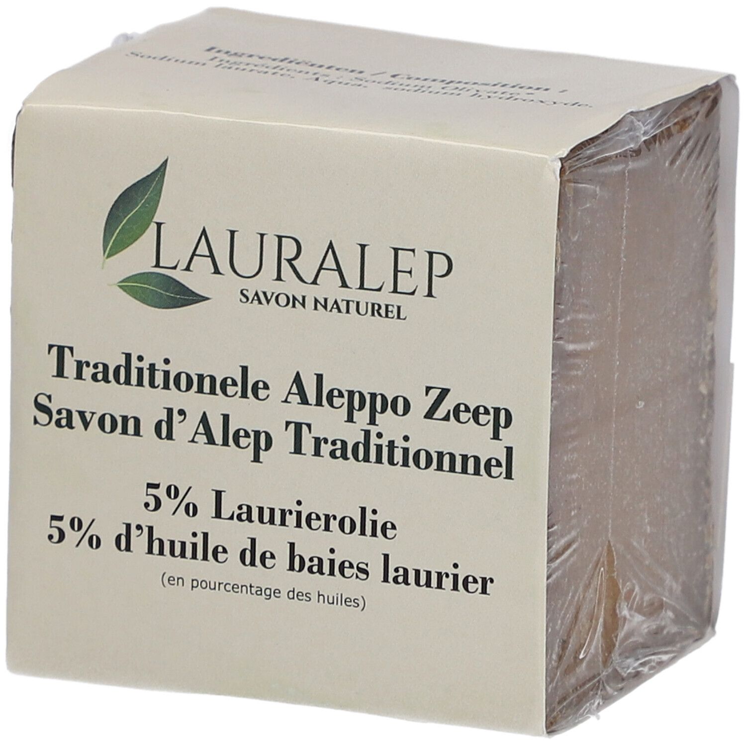 Savon emballé. L'emballage porte LAURALEP, Savon Naturel, Traditionele Aleppo Zeep, 5% Laurierolie.
