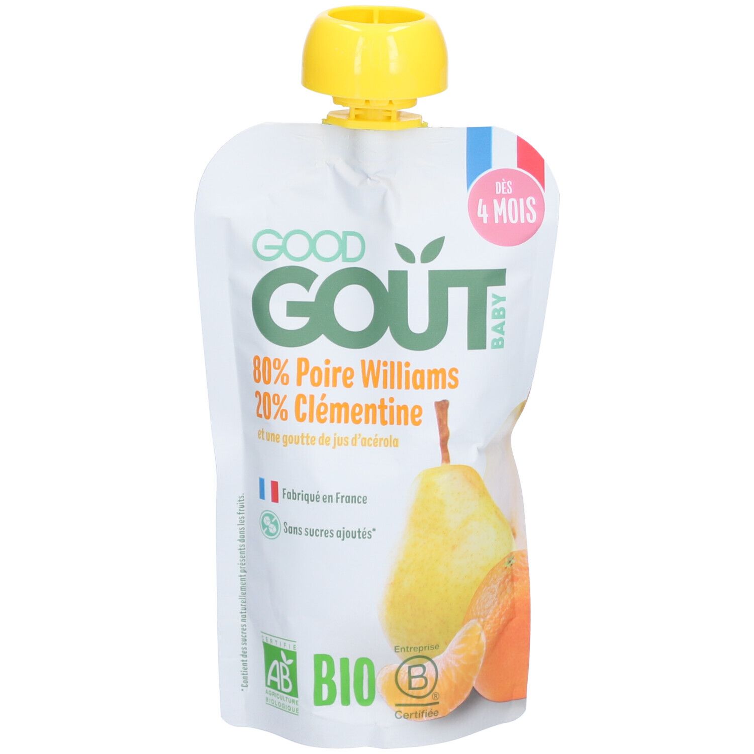 Sachet GOOD GOUT, bouchon jaune. Ingrédients: 80% poire Williams, 20% clémentine. Label AB. Pour bébé +4 mois.