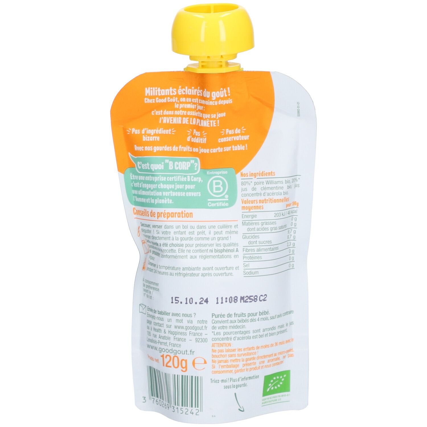 Dos du sachet GOOD GOUT. Ingrédients, valeurs nutritionnelles, date limite, label AB. Contenu: 120g.