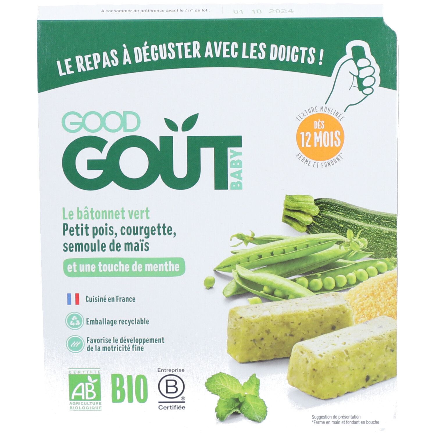 Verpakking GOOD GOUT BABY. Illustratie van groene staafjes, erwten, courgette. Opschrift: Bio, Recyclebare verpakking.