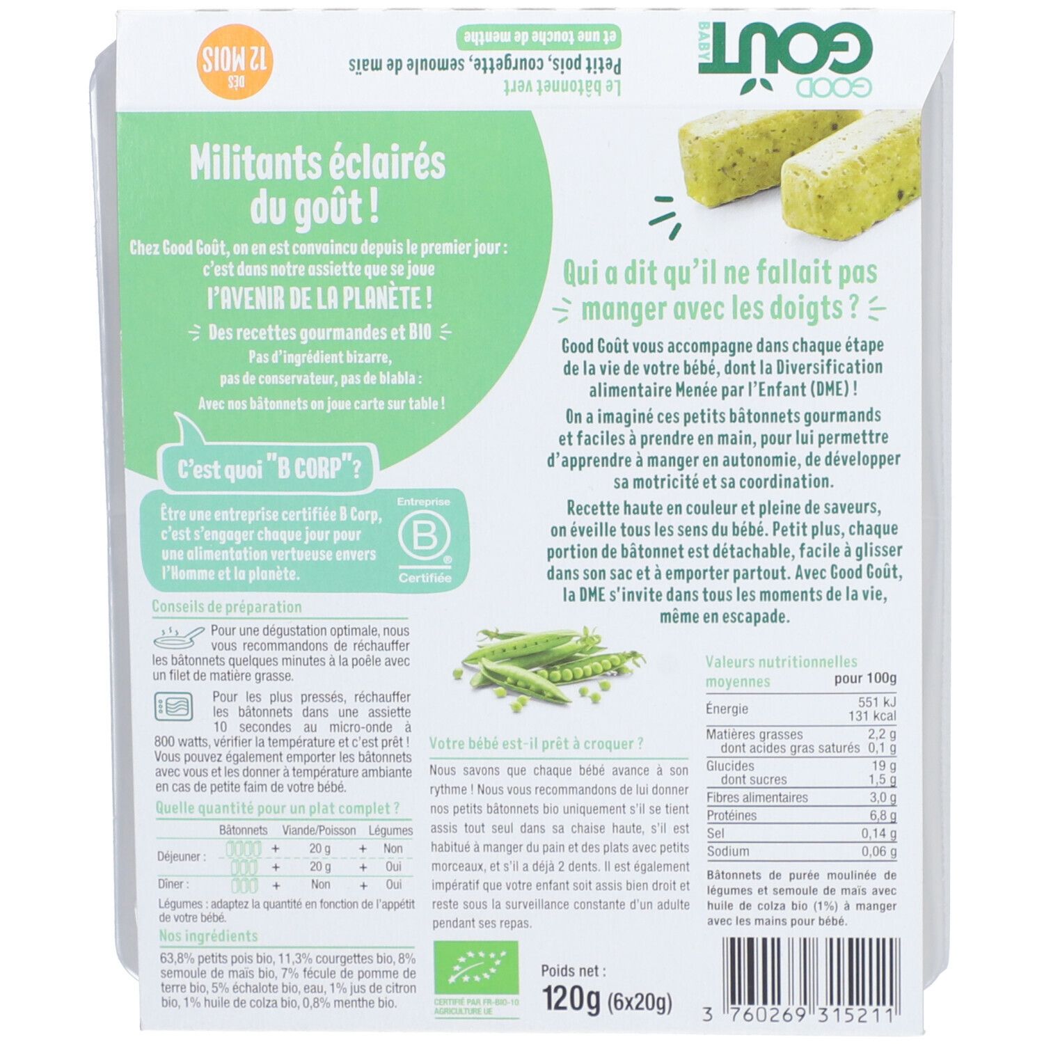 Achterkant van de verpakking. Tekst en voedingsinformatie. Illustratie van groene staafjes en erwten. Bio-certificering.