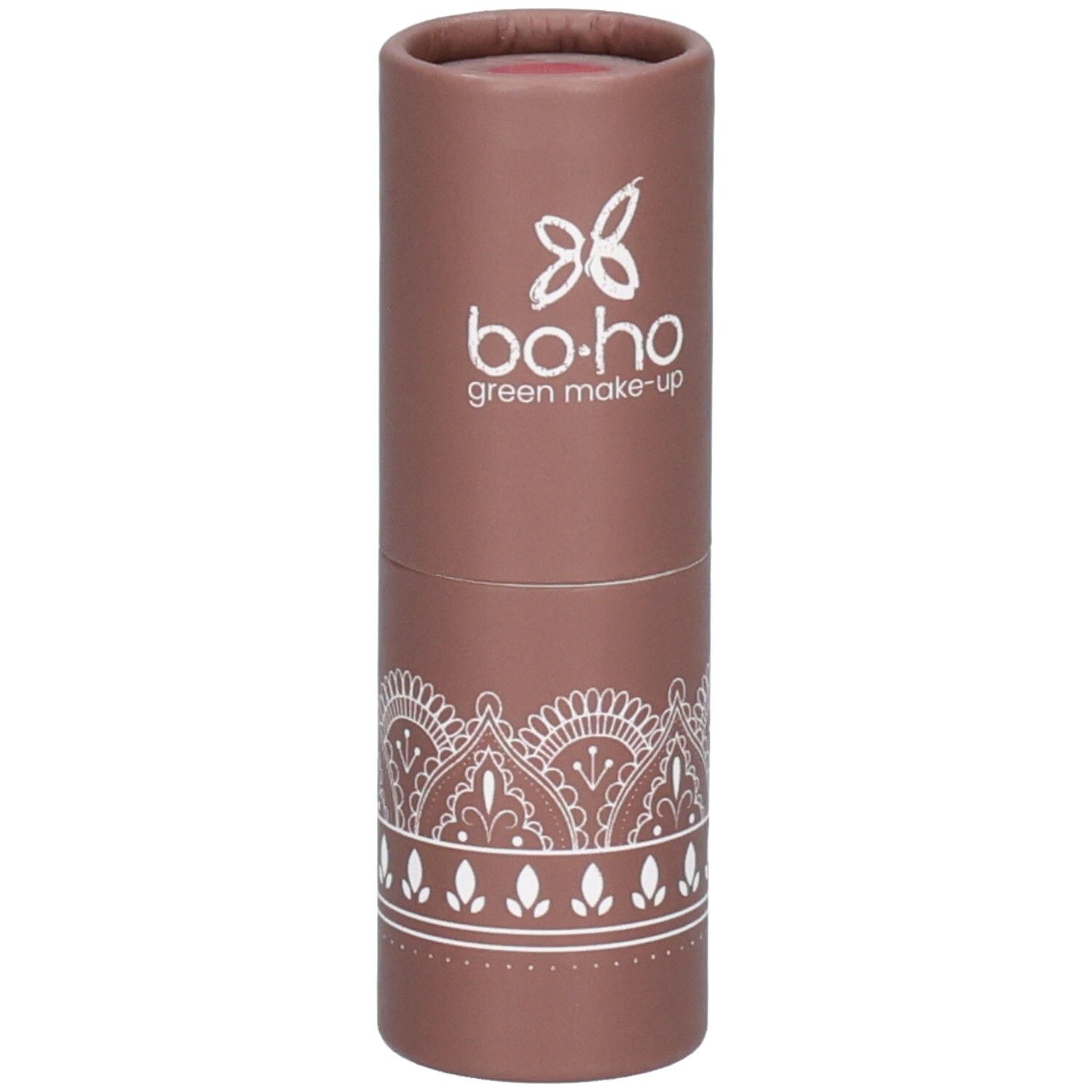 Cilindrische bruine verpakking met wit patroon en logo. Bevat blush. Merk: bo-ho green make-up.