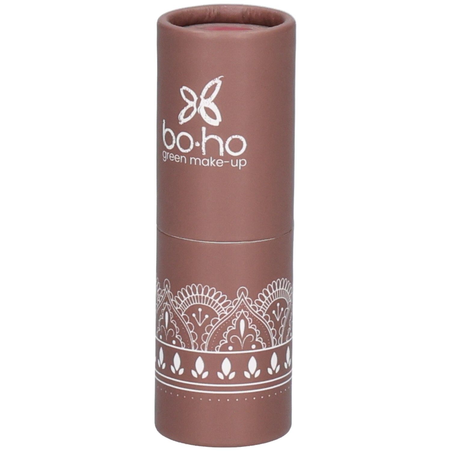 Cilindrische bruine verpakking met wit patroon en logo. Bevat blush. Merk: bo-ho green make-up.