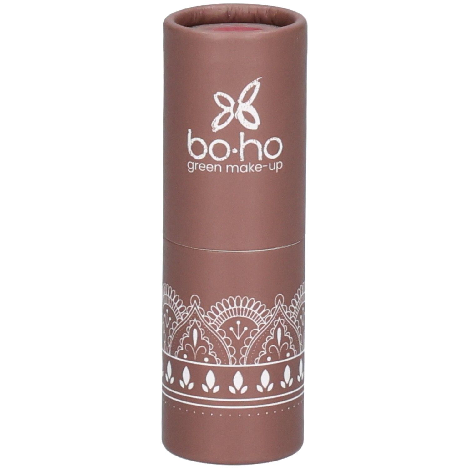 Cilindrische bruine verpakking met wit patroon en logo. Bevat blush. Merk: bo-ho green make-up.