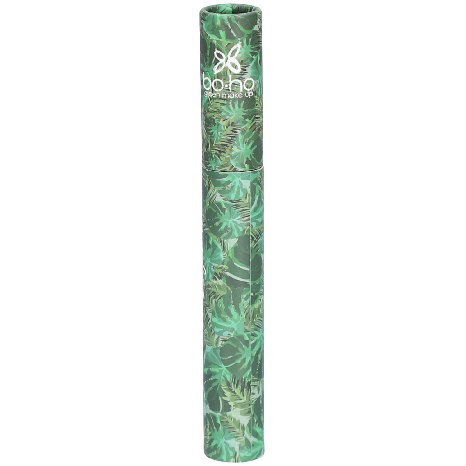 Emballage cylindrique à motif de feuilles vertes. Logo et texte BOHO green make-up en haut.