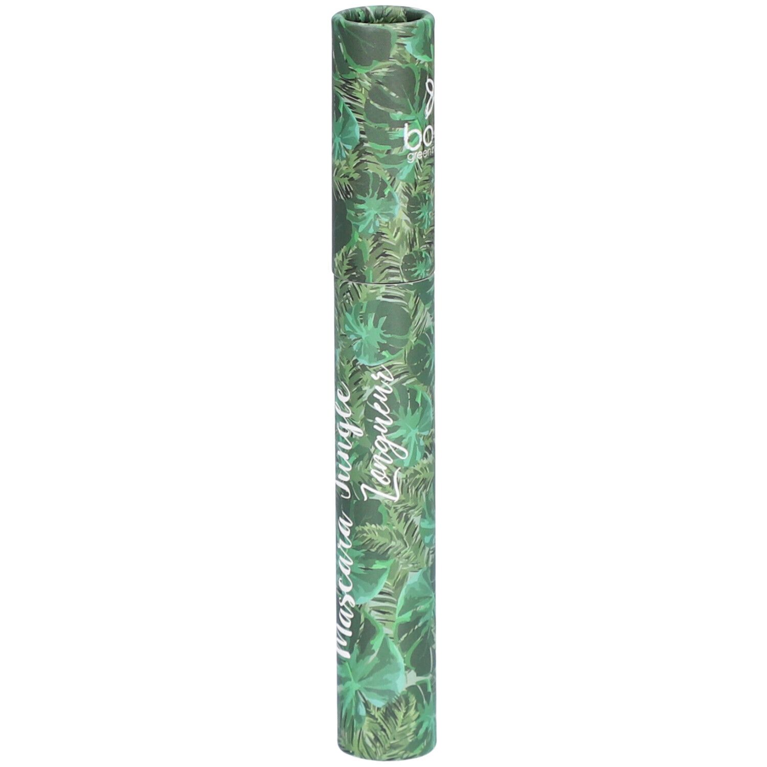 Emballage cylindrique à motif de feuilles vertes. Texte Mascara Jungle Longueur.