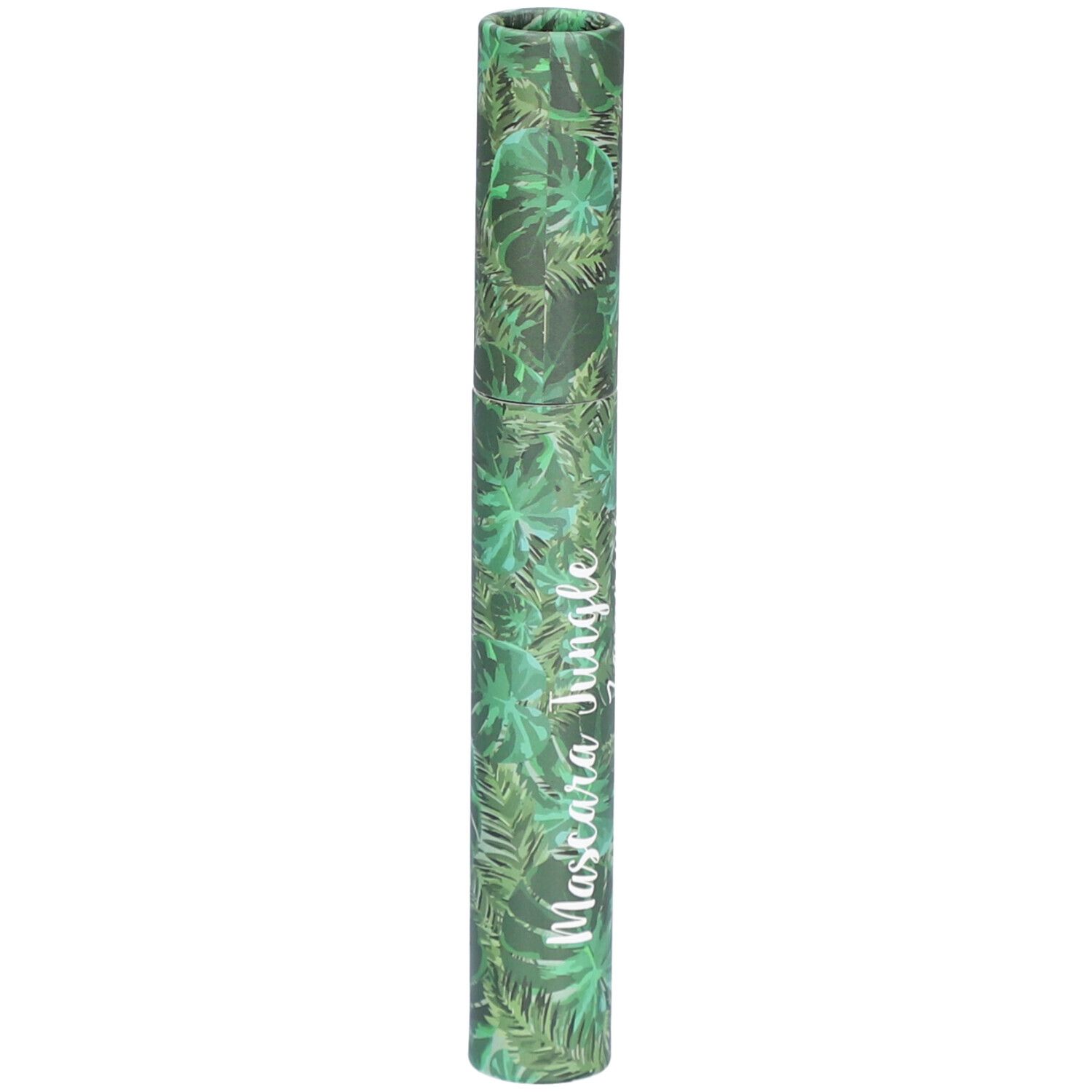 Emballage cylindrique à motif de feuilles vertes. Texte Mascara Jungle.