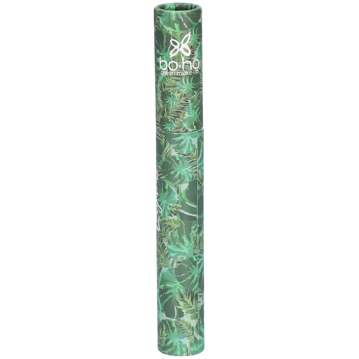 Emballage cylindrique à motif de feuilles vertes. Logo et texte BOHO green make-up en haut.