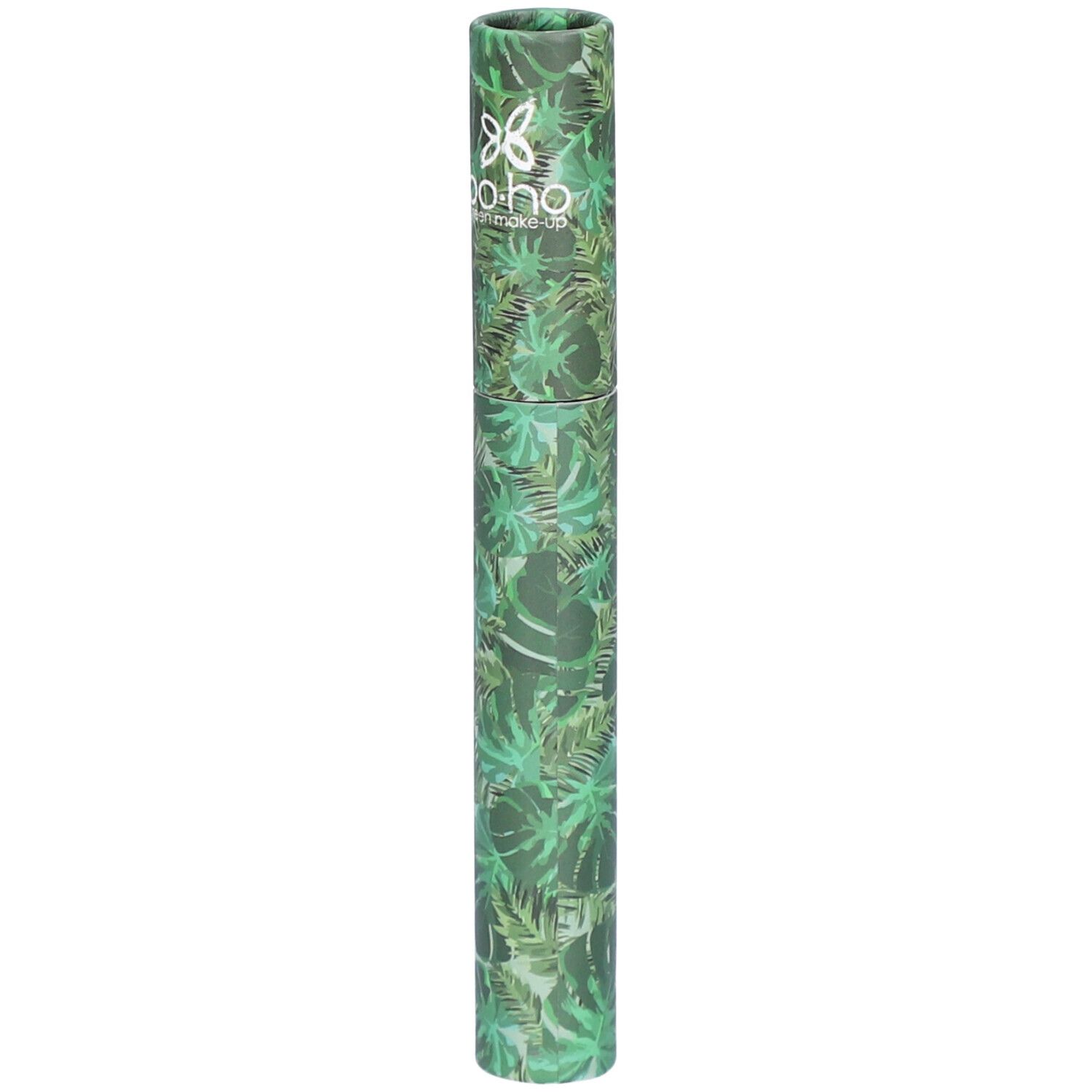 Emballage cylindrique à motif de feuilles vertes. Logo et texte BOHO green make-up en haut.
