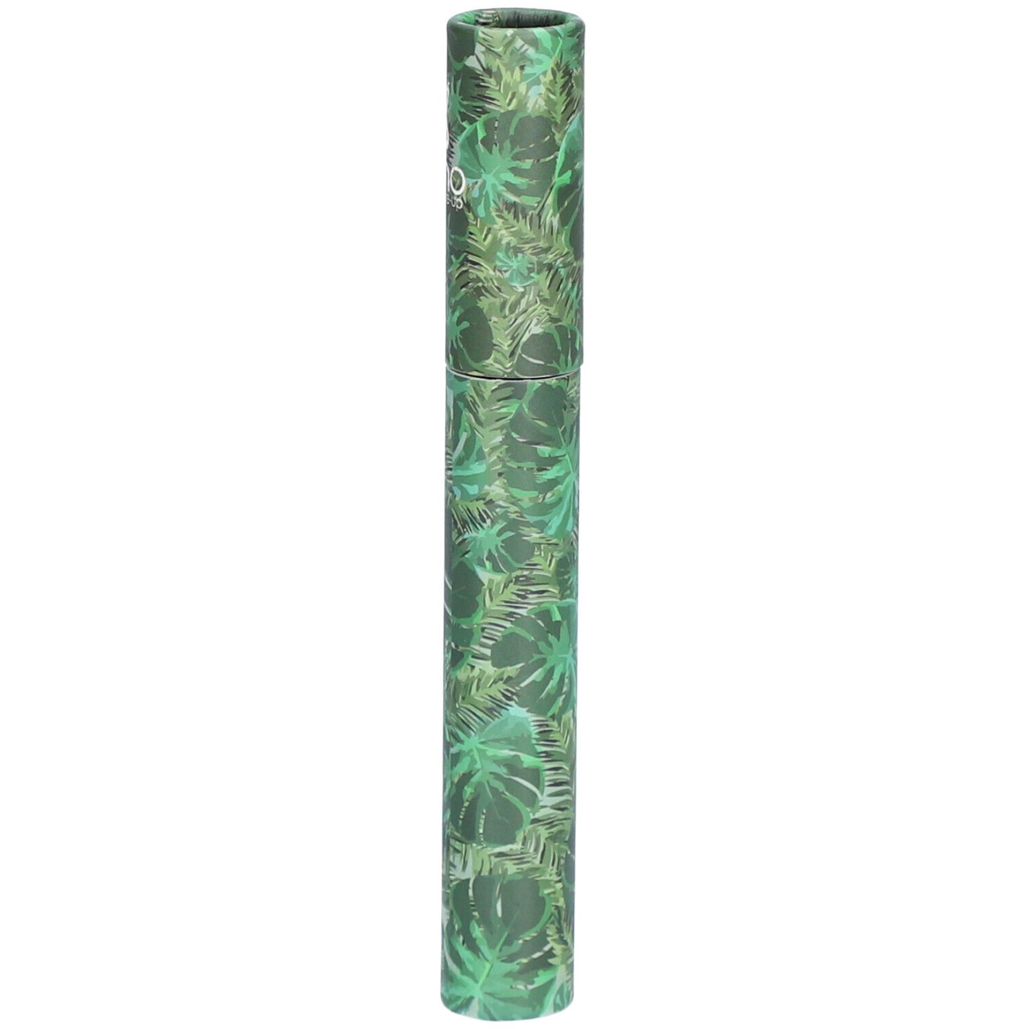 Emballage cylindrique à motif de feuilles vertes. Logo et texte BOHO green make-up en haut.