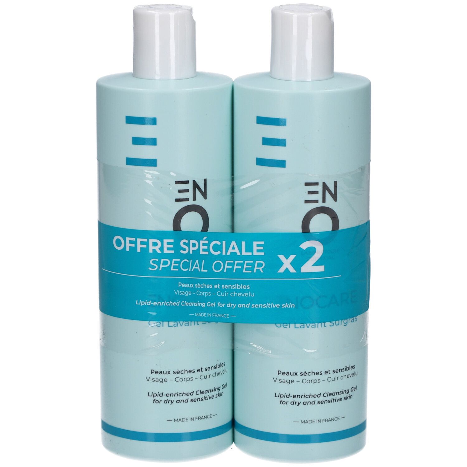 Deux flacons bleu clair avec bouchons blancs, emballés. Inscription : ENOCARE, OFFRE SPECIALE x2.