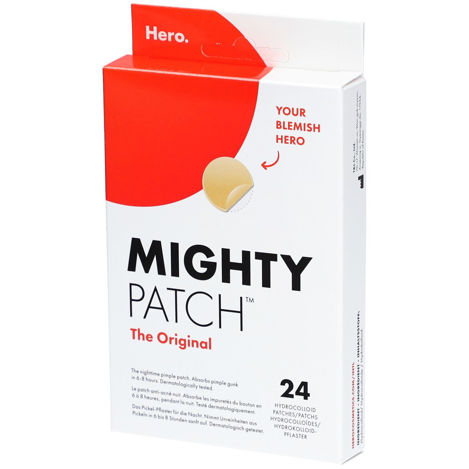 Verpakking met 24 hydrocolloïd pleisters. Merk: Mighty Patch. Opschrift: The Original. Dermatologisch getest.
