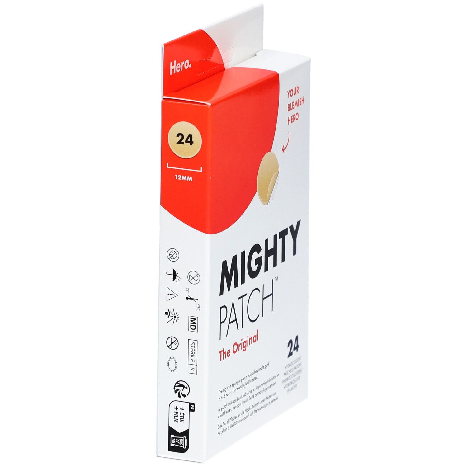 Verpakking met 24 hydrocolloïd pleisters. Merk: Mighty Patch. Opschrift: The Original. 12mm diameter. Steriel.