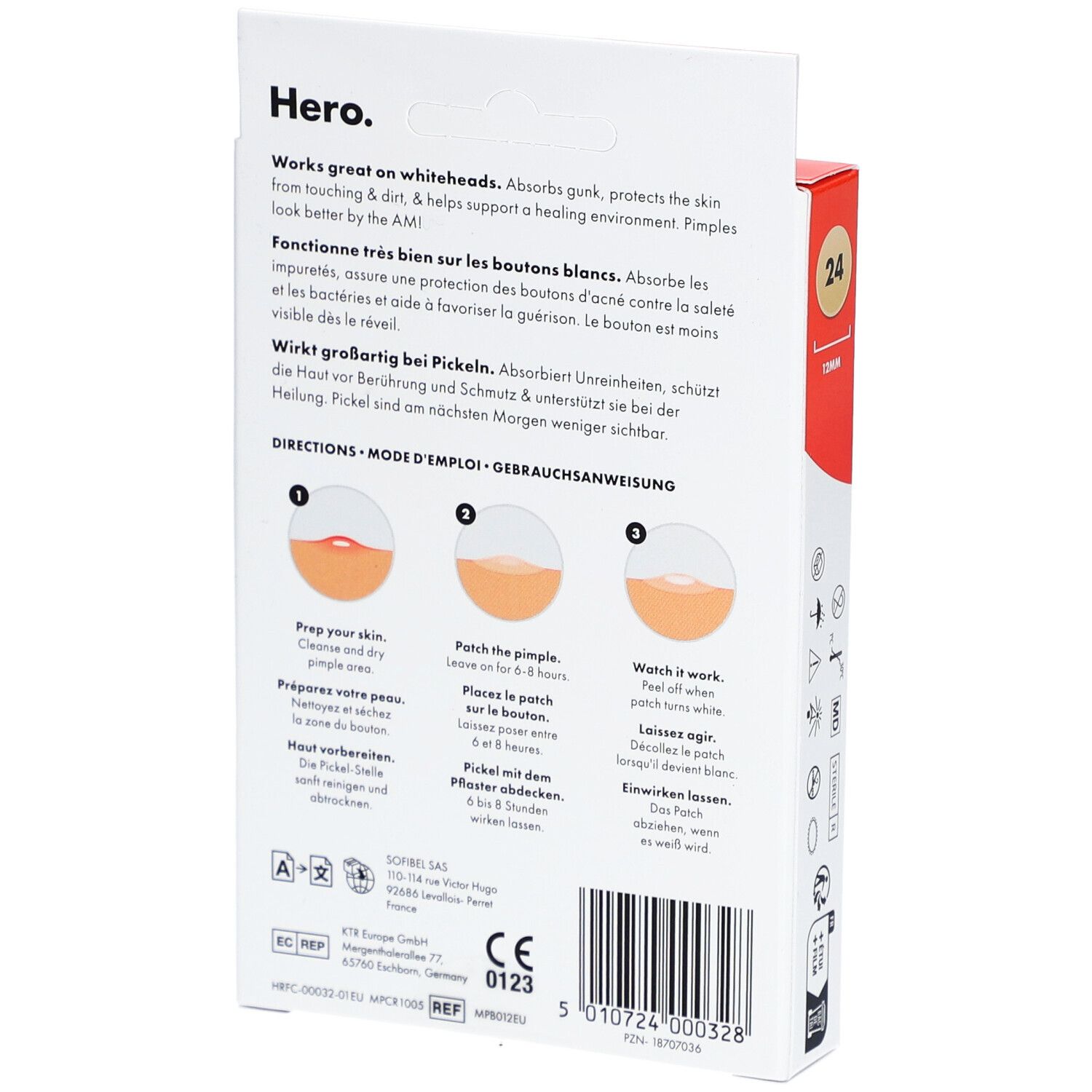 Achterkant van de verpakking met instructies in drie stappen. Bevat informatie over ingrediënten en CE-markering.