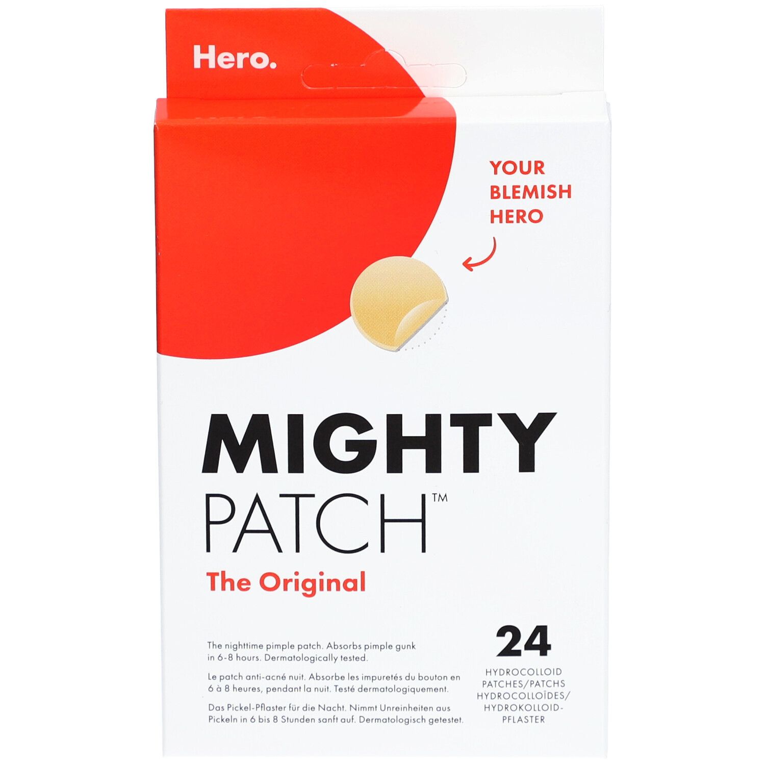 Verpakking met 24 hydrocolloïd pleisters. Merk: Mighty Patch. Opschrift: The Original. Dermatologisch getest.