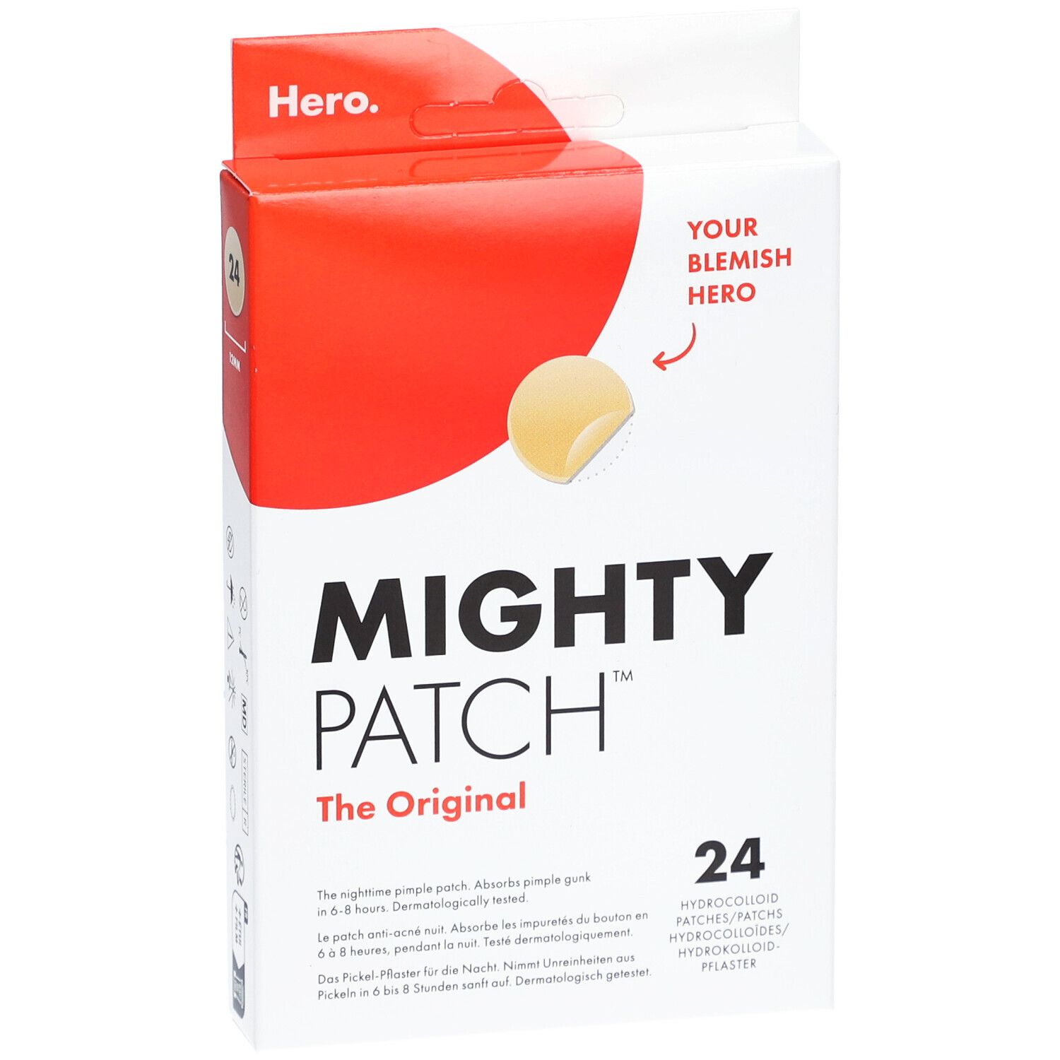 Verpakking met 24 hydrocolloïd pleisters. Merk: Mighty Patch. Opschrift: The Original. Dermatologisch getest.
