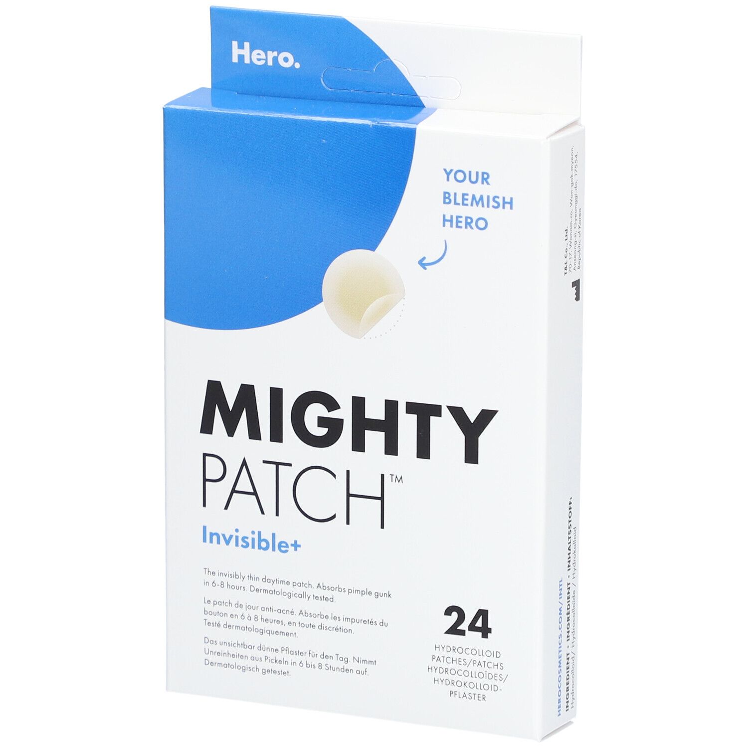 Boîte Mighty Patch Invisible+ de 24 pansements hydrocolloïdes.